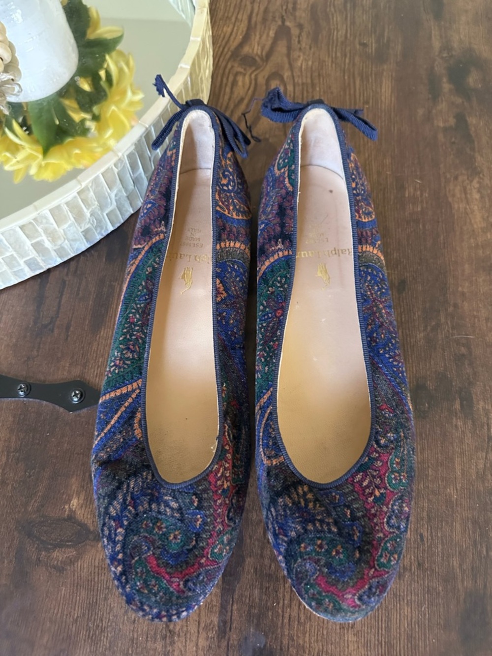 Ralph Lauren Navy Paisley Ballet Flats with Heel Tie